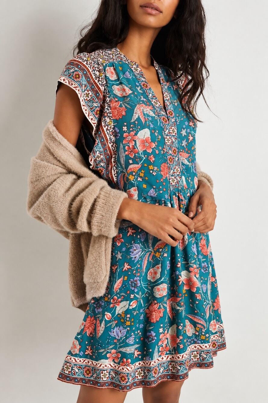 Anthropologie Zenia Women’s Floral Mini Dress Teal XL